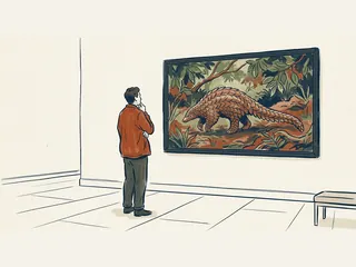 Una persona contempla un cuadro original de un pangolín estilizado en un bosque imaginario.