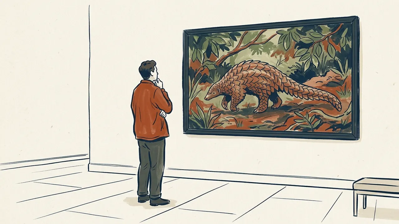 Una persona contempla un cuadro original de un pangolín estilizado en un bosque imaginario.