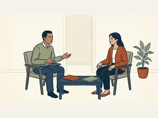 Dos personas adultas conversan sentadas junto a una mesa con dos carpetas cerradas.