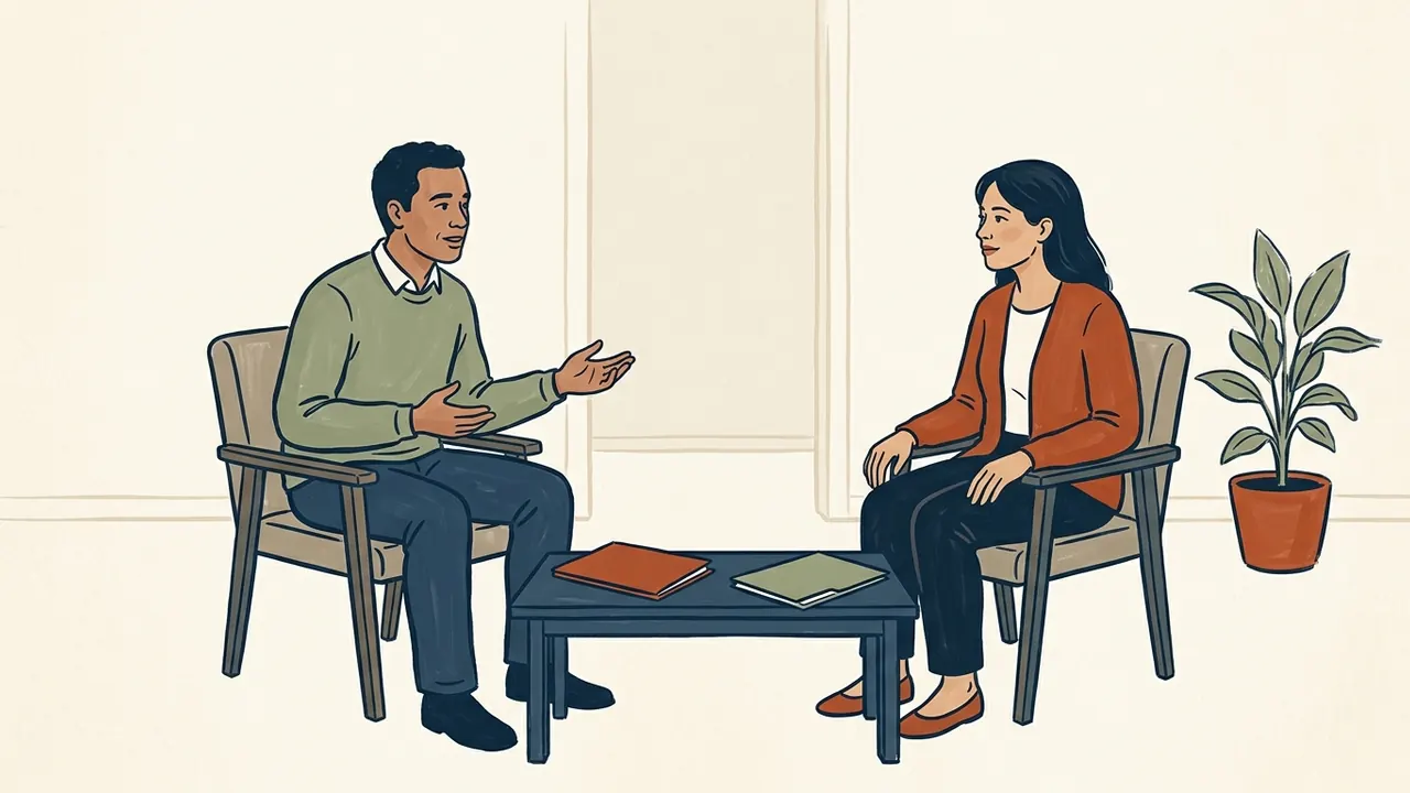 Dos personas adultas conversan sentadas junto a una mesa con dos carpetas cerradas.