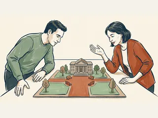 Dos personas observan una maqueta de una plaza con caminos peatonales y bancos.