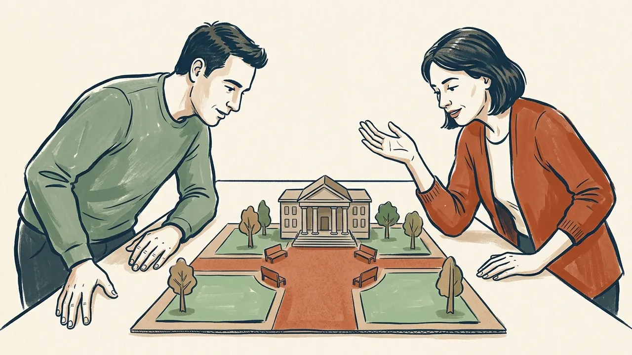 Dos personas observan una maqueta de una plaza con caminos peatonales y bancos.