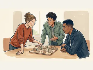 Tres personas jóvenes adultas observan una maqueta de un espacio comunitario hecha con piezas de madera.