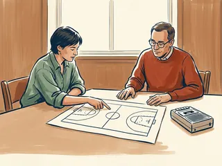 Dos personas comentan un dibujo de una pista deportiva junto a una grabadora sobre una mesa.