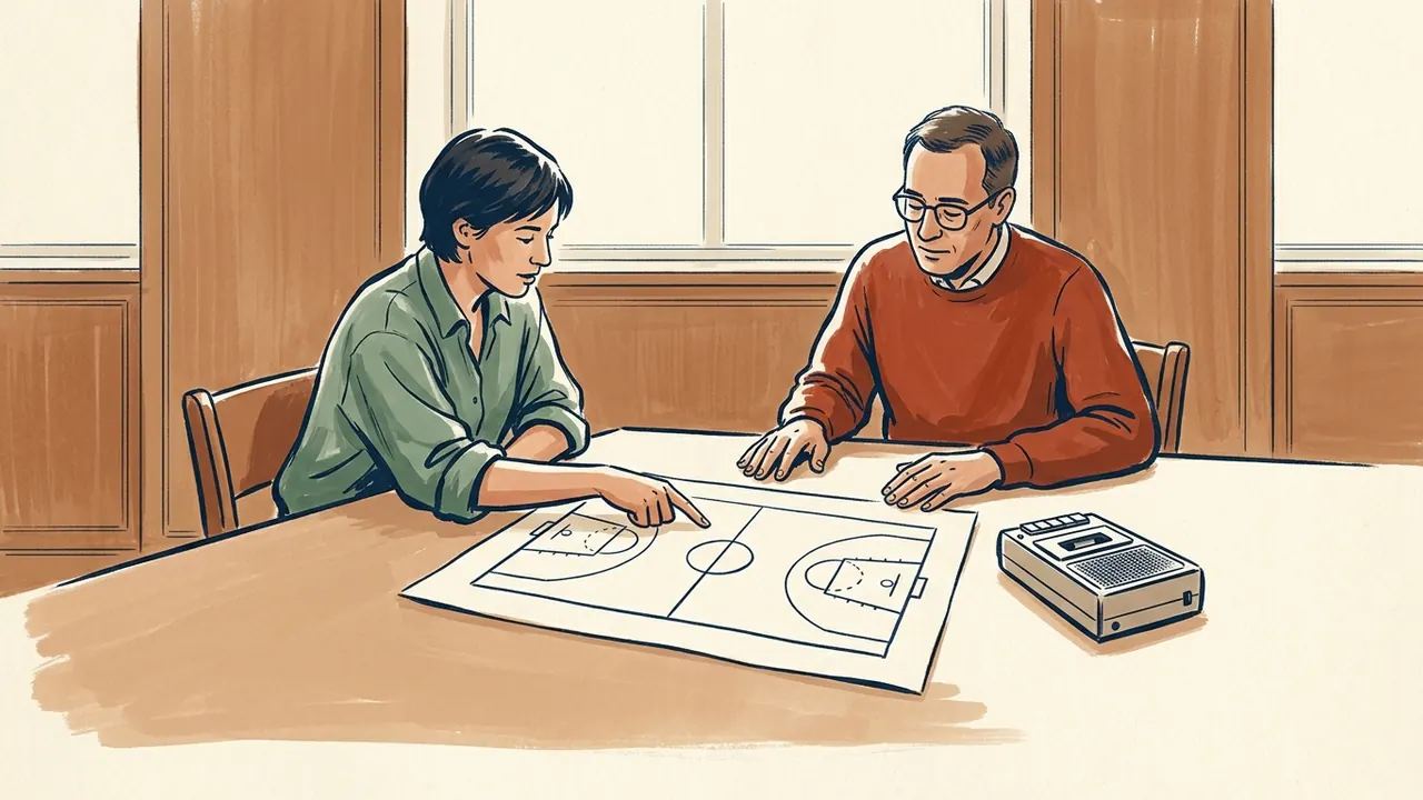 Dos personas comentan un dibujo de una pista deportiva junto a una grabadora sobre una mesa.