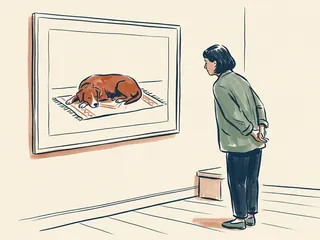 Una persona contempla una ilustración de un perro descansando sobre una alfombra.