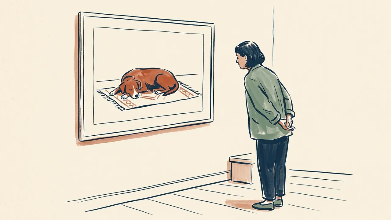 Una persona contempla una ilustración de un perro descansando sobre una alfombra.