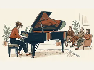 Una pianista toca un piano de cola ante tres personas que escuchan sentadas.