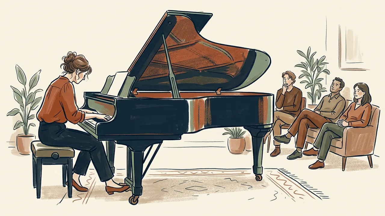 Una pianista toca un piano de cola ante tres personas que escuchan sentadas.