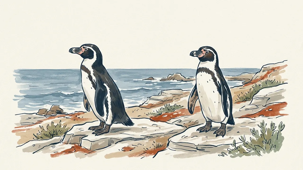 Dos pingüinos de Humboldt en una costa rocosa sin hielo.