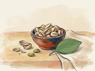Cuenco con pistachos abiertos y semillas sobre una mesa, junto a una hoja verde.