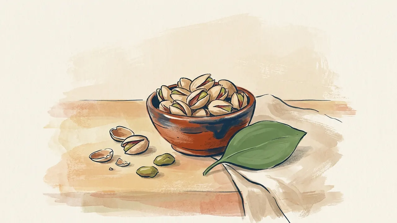 Cuenco con pistachos abiertos y semillas sobre una mesa, junto a una hoja verde.