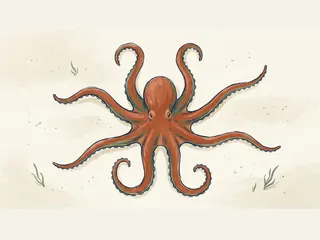 Pulpo estilizado visto desde arriba con sus ocho brazos separados sobre arena.