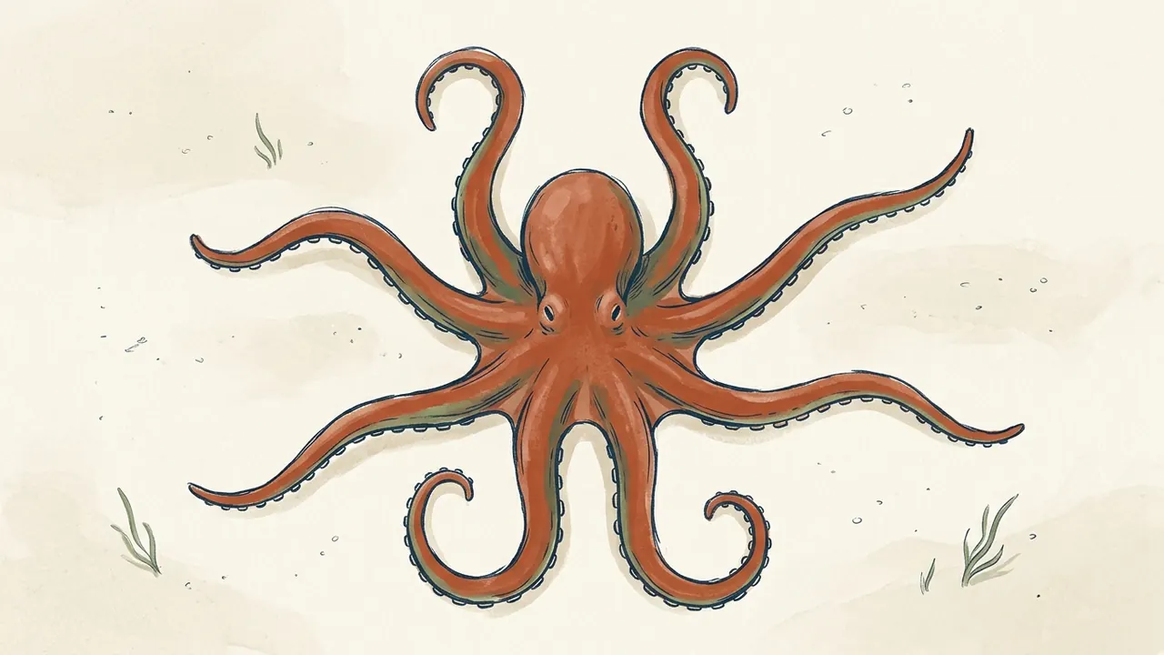 Pulpo estilizado visto desde arriba con sus ocho brazos separados sobre arena.