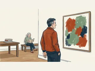 Un adulto observa una pintura abstracta y una mujer lee al fondo de la sala.