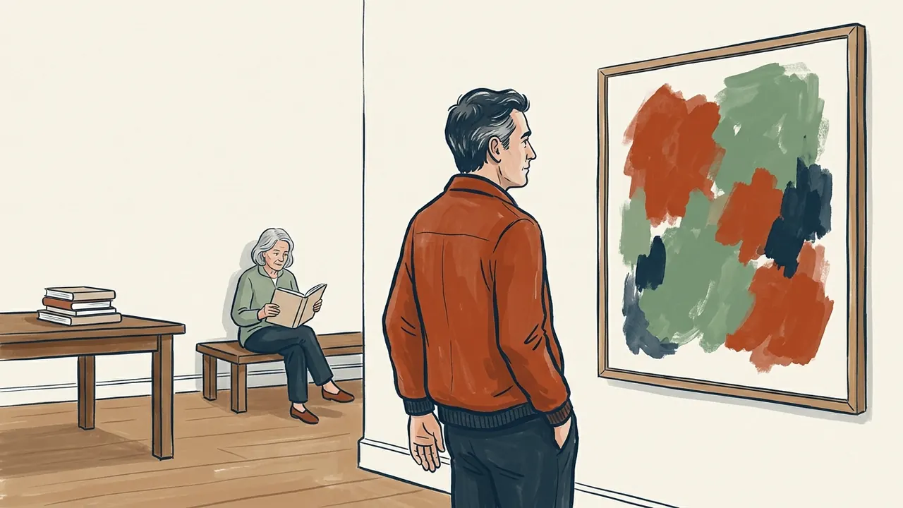 Un adulto observa una pintura abstracta y una mujer lee al fondo de la sala.