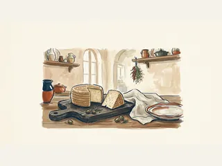 Rueda de queso cortada y una cuña sobre una tabla de madera.