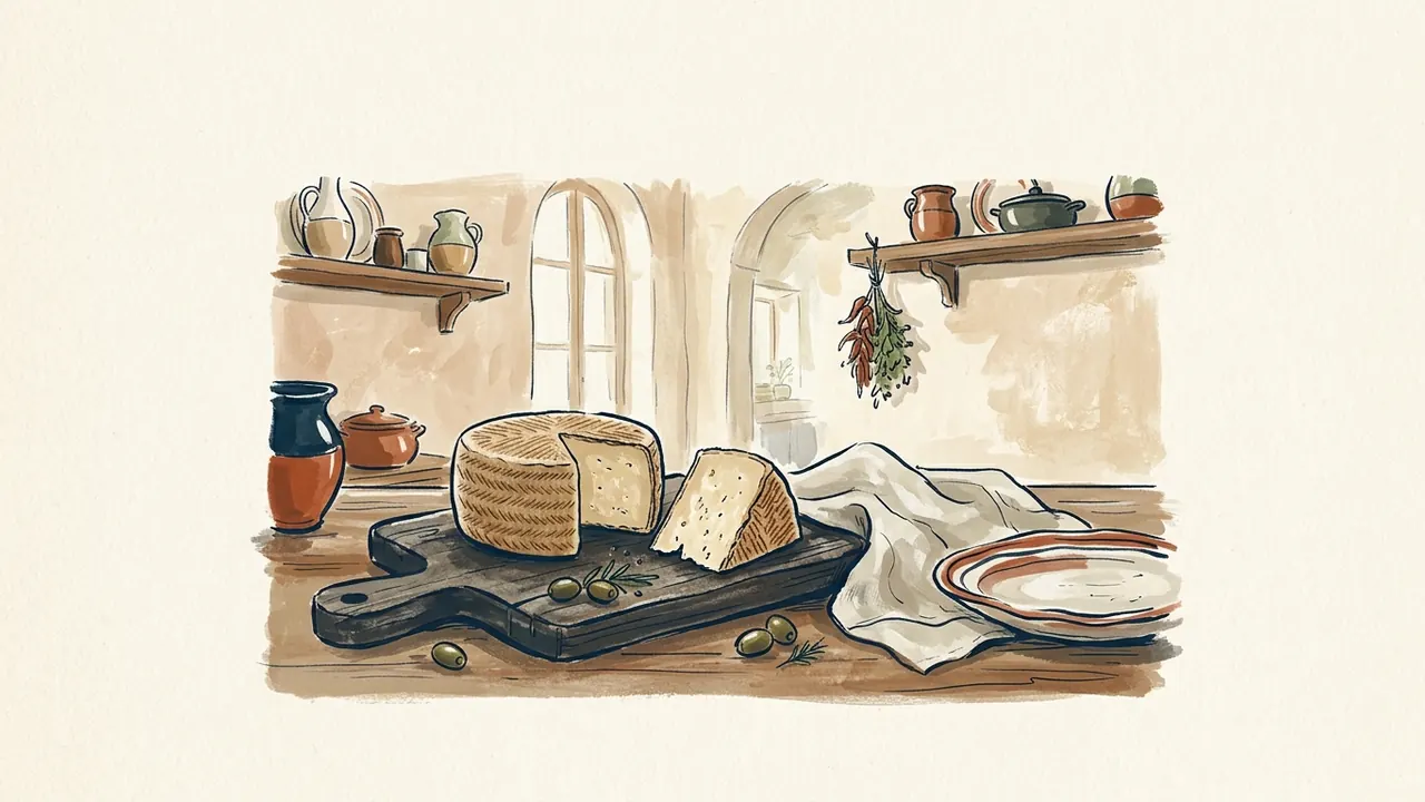 Rueda de queso cortada y una cuña sobre una tabla de madera.