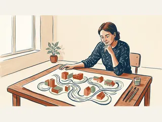 Una persona observa una ilustración de edificios y conexiones de agua imaginarias.