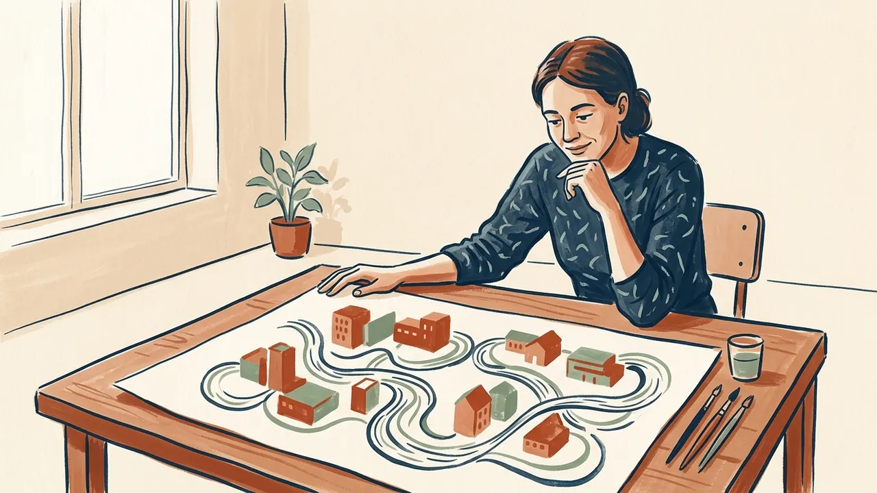 Una persona observa una ilustración de edificios y conexiones de agua imaginarias.