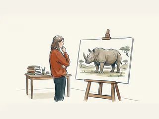 Una persona observa en un caballete una ilustración de un rinoceronte en un paisaje abierto.