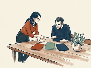 Dos personas adultas revisan tres carpetas de colores lisos sobre una mesa.