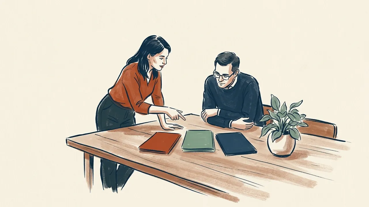 Dos personas adultas revisan tres carpetas de colores lisos sobre una mesa.