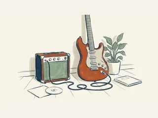 Detalle de una guitarra eléctrica junto a un amplificador y un disco de cubierta lisa.