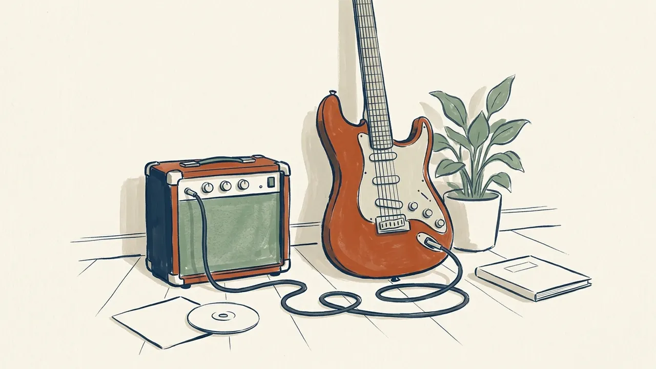 Detalle de una guitarra eléctrica junto a un amplificador y un disco de cubierta lisa.