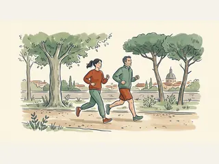Una mujer y un hombre corren por un parque arbolado, con un paisaje urbano al fondo.