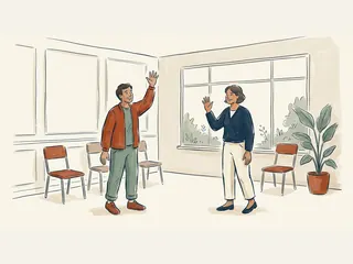 Dos personas adultas se saludan con la mano en una sala comunitaria.