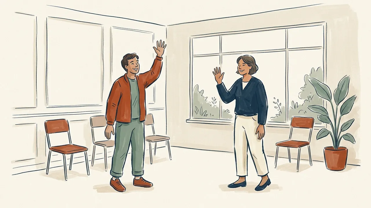 Dos personas adultas se saludan con la mano en una sala comunitaria.