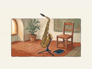 Saxofón dorado sobre un soporte junto a una silla de madera y un cuaderno azul.