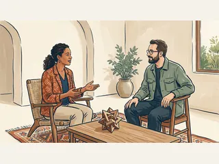 Dos personas adultas conversan sentadas junto a una composición geométrica de madera.