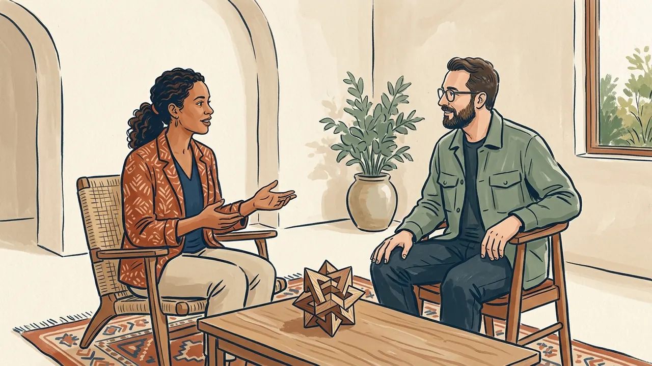 Dos personas adultas conversan sentadas junto a una composición geométrica de madera.