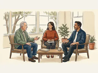 Tres personas adultas conversan sentadas en una sala luminosa, junto a libros cerrados de cubierta lisa.