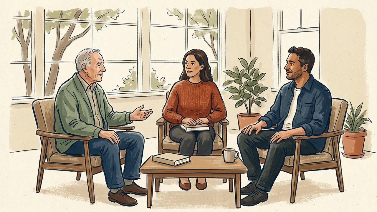 Tres personas adultas conversan sentadas en una sala luminosa, junto a libros cerrados de cubierta lisa.