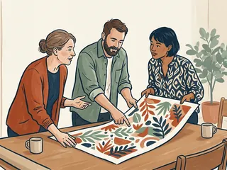 Tres personas adultas eligen juntas una lámina con formas vegetales de colores.