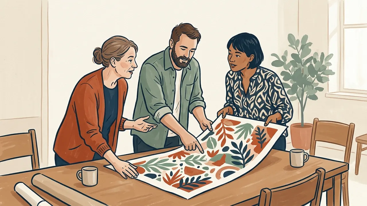 Tres personas adultas eligen juntas una lámina con formas vegetales de colores.