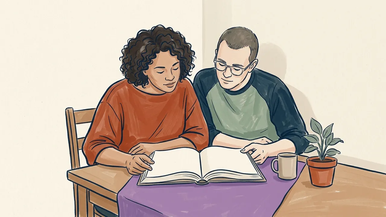 Dos personas adultas observan un libro abierto de páginas vacías sobre una tela morada.