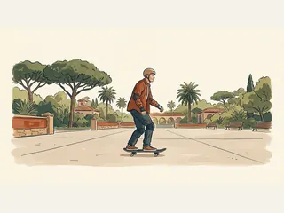 Hombre con casco y protecciones sobre un monopatín en un parque.