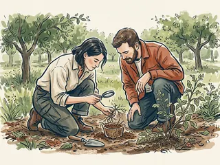 Dos personas observan con una lupa tierra y raíces junto a un pequeño recipiente en un huerto.