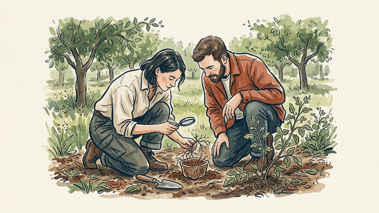 Dos personas observan con una lupa tierra y raíces junto a un pequeño recipiente en un huerto.