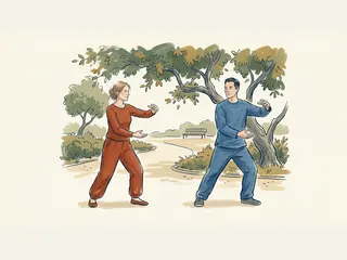 Dos adultos practican un movimiento de tai chi en un parque arbolado.