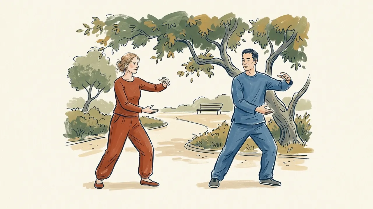 Dos adultos practican un movimiento de tai chi en un parque arbolado.