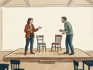 Dos personas adultas ensayan una escena junto a dos sillas sobre un pequeño escenario.
