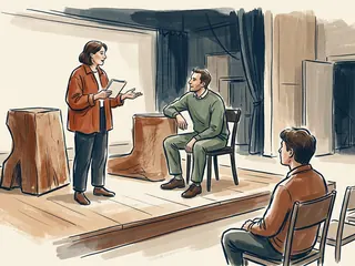 Dos personas ensayan una conversación en un escenario mientras otra observa desde una butaca.