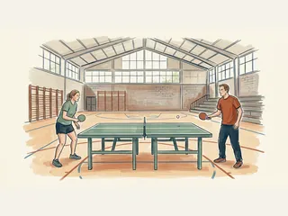 Dos adultos jugando al tenis de mesa en un pabellón deportivo.
