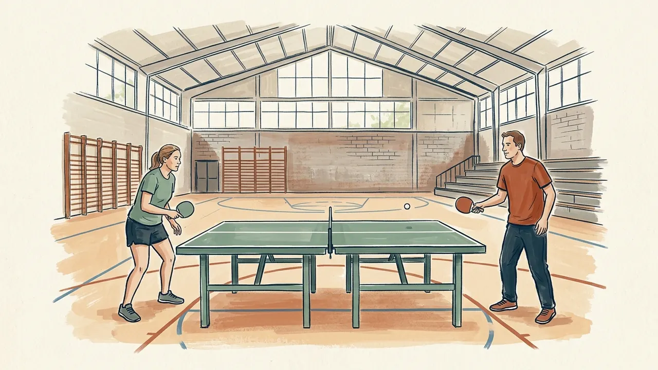 Dos adultos jugando al tenis de mesa en un pabellón deportivo.