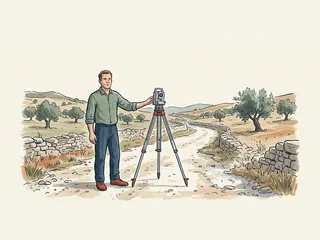 Topógrafo junto a un instrumento sobre trípode en un camino entre olivos.